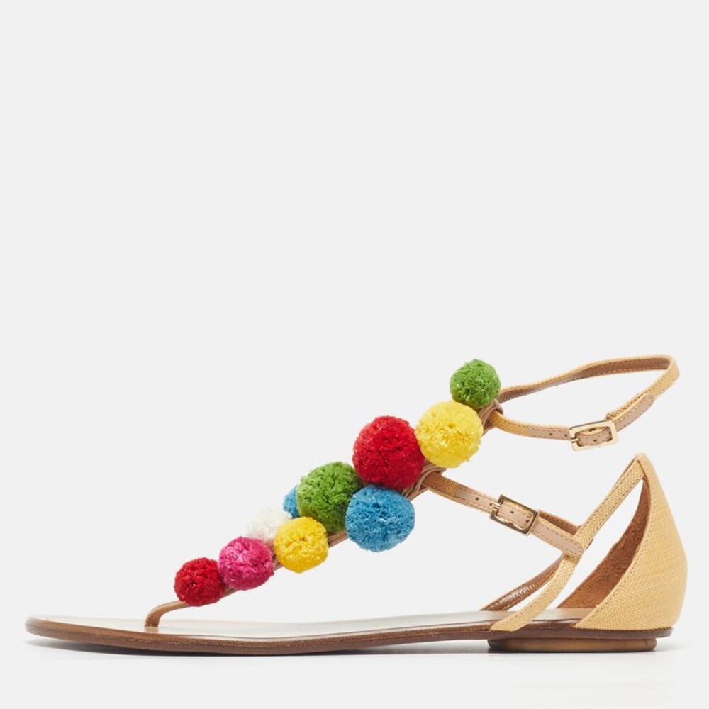 Aquazzura Tropicana Pom Pom Size 36 Beige Raffia Slide Sandals